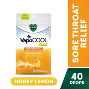 Vicks VapoCOOL MAX Medicated Cough Drops, Honey Lemon Chill, Temporarily Soothe Cough and Sore Throat Pain, 40 Drops