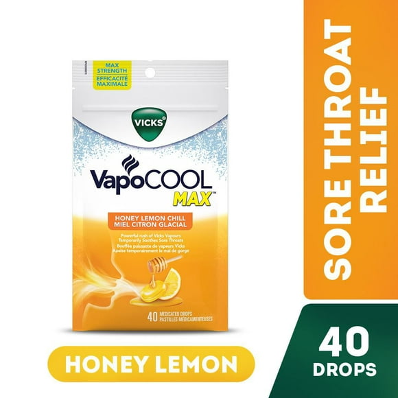 Vicks VapoCOOL MAX Medicated Cough Drops, Honey Lemon Chill, Temporarily Soothe Cough and Sore Throat Pain, 40 Drops