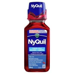 Vicks NyQuil Cold and Flu Symptom Relief Cherry Flavoured Liquid Medicine, Multi-Symptom Nighttime Relief for Headache, Fever, Sore Throat Pain, Minor Aches and Pains, Runny Nose and Cough, 236ML
