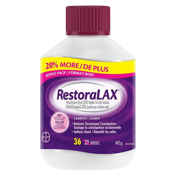 RestoraLAX Powder Stool Softener Laxative - Laxatives For Constipation, Effective Constipation Relief For Adults, No Taste, No Grit, No Gas, No Bloat, No Cramps, No Sudden Urge, 30+6 Bonus Doses, 612 g