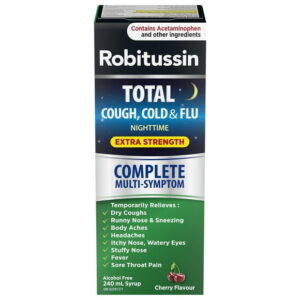 Robitussin Total Cough, Cold & Flu Extra Strength Nighttime Syrup, Alcohol Free, 240 ml, 240 mL