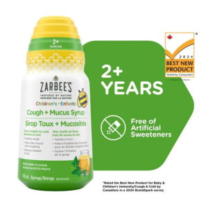 Zarbee's Children's Cough + Mucus Relief Syrup with Zinc, Honey, Elderberry, and English Ivy Leaf for Immune Support, Mixed Berry Flavor, 118 mL