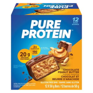CHOCOLATE PEANUT BUTTER, 20 g of protein, gluten free, 12 X 50 g bars, New Look! Pure Protein bars feature the winning combination of high protein and great taste.