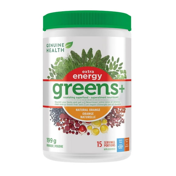 Genuine Health Greens+ Extra Energy Superfood Greens Powder Natural Orange flavour, 15 servings, 199g