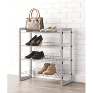 MAINSTAYS 4-Tier Shoe Rack with Wood Frame And Wire Shelf, Brown Frame Color, Assembled size: 25 in. W x 12 in. D x 27.5 in. H