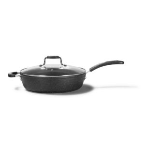 Starfrit The Rock 12'' (30cm) Non-Stick Jumbo Cooker Pan with Lid, Durable Forged Aluminum, Oven Safe, PFOA Free, Easy to Clean, Black, The Rock Classic 12" deep fry pan features a durable Rock.Tec non-stick surface and forged aluminum base for even heat. Oven-safe handle, tempered glass lid with steam vent. Lifetime warranty against warping.