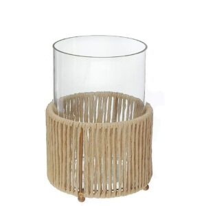 Glass Candle Holder Hurrican With Metal & Raffia Base 8"