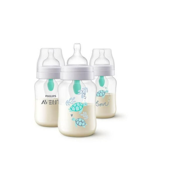 Anti-colic Baby Bottle with AirFree Vent with Turtle Design, 9oz, 3 pack, SCY703/78, Anti-colic Bottle w AirFree Turtle 9oz 3PK