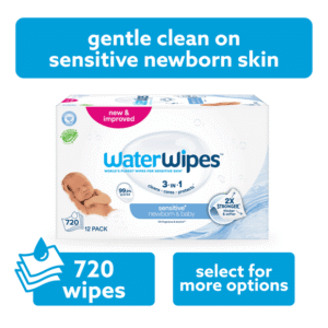 WaterWipes Sensitive+ Newborn & Baby Wipes, 3-In-1 Cleans, Cares, Protects, 99.9% Water, Unscented & Hypoallergenic, 720 Count (12 Packs)