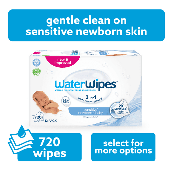 WaterWipes Sensitive+ Newborn & Baby Wipes, 3-In-1 Cleans, Cares, Protects, 99.9% Water, Unscented & Hypoallergenic, 720 Count (12 Packs)