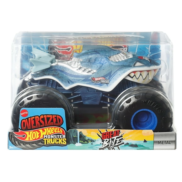 Hot Wheels Monster Trucks, Oversized Monster Truck in 1:24 Scale, Dino Vs. Sharks