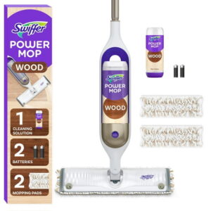 Swiffer PowerMop Wood Mop Kit for Wood Floor Cleaning, QuickDry Solution with Lemon Scent, Mopping Kit Includes PowerMop Wood, 2 Mopping Pad Refills, 1 QuickDry Wood Floor Cleaning Solution with Lemon, 1KIT