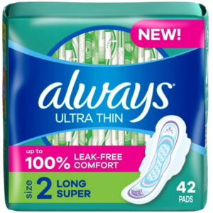 Always Ultra Thin Feminine Pads with Wings for Women, Size 2, Long Super Absorbency, Unscented, 42CT