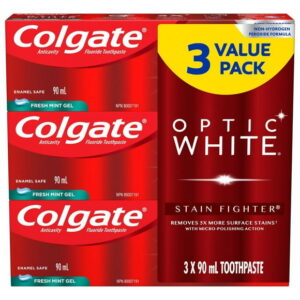 Colgate Optic White Stain Fighter Stain Removal Toothpaste, Fresh Mint Gel, 90 mL, 3 Pack, 90 mL, 3 Pack