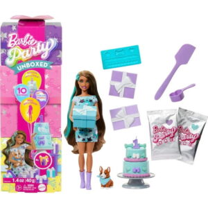Barbie Party Unboxed Pet Birthday Series Doll & Accessories, Party Stars Set with 10 Surprises