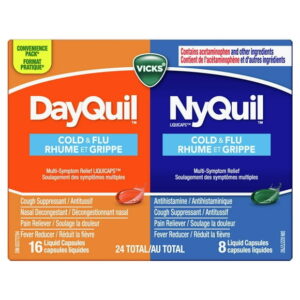 Vicks DayQuil and NyQuil Cold and Flu Symptom Relief, Liquicap Medicine, Multi-Symptom Daytime and Nighttime Relief for Headache, Fever, Sore Throat Pain, Minor Aches and Pains, and Cough, Convenience Pack, 16 DayQuil Liquicaps, 8 NyQuil Liquicaps, 24CT