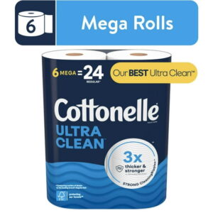 Cottonelle Ultra Clean Toilet Paper, Strong Toilet Tissue, 6 Mega Rolls (6 Mega Rolls = 24 Regular Rolls), 284 Sheets per Roll