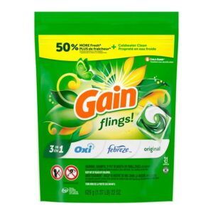 Gain Flings Laundry Detergent Pacs, Original Scent, 3 in 1 HE Detergent Pacs with Oxi Boost and Febreeze, 31CT