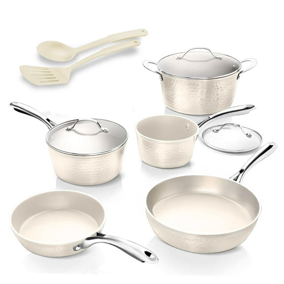 Gotham Steel Hammered Cream 10 Piece Ceramic Nonstick Cookware Set with Lids and Utensils Oven & Induction Safe