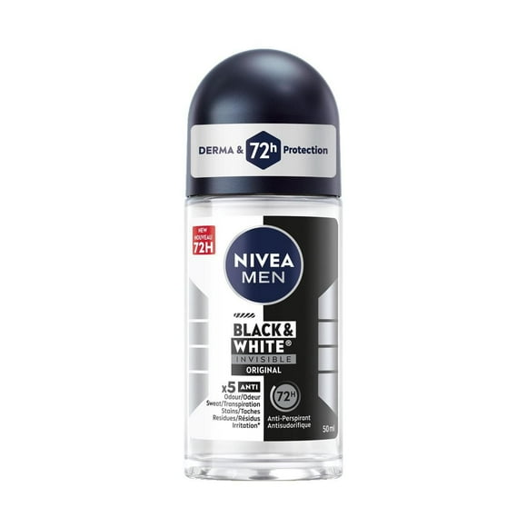 NIVEA MEN Black & White Invisible Roll-On 72-Hr Antiperspirant Deodorant, Original, 50mL, Invisible Roll-On 72-Hr Antiperspirant Deodorant