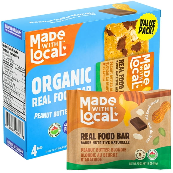 Made with Local Peanut Butter Blondie Organic Energy Bars (Organic, Gluten-Free, Non-GMO, 8g Protein, Simple Ingredients, Made in Canada), 4-Pack (212 g), Made with Local - Peanut Butter Blondie 4-Pack (212 g), Made in Canada