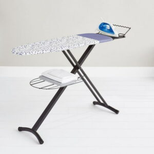 MAINSTAYS Premium Purple And Black Ironing Board, Heavy duty black metal frame with mesh top, fashion purple pattern printing on the fabric cover, cotton fabric cover, sturdy structure