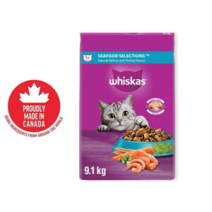 WHISKAS Adult Dry Cat Food Seafood Selections, Natural Salmon & Shrimp Flavour, 2 - 9.1kg