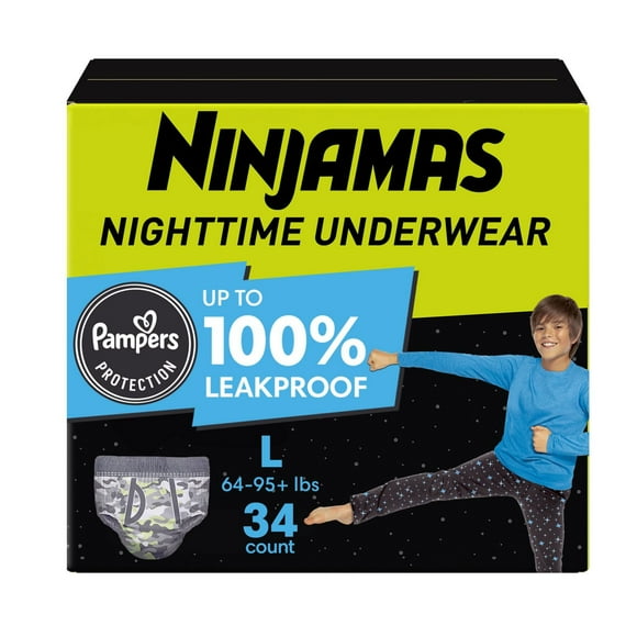 Ninjamas Nighttime Bedwetting Underwear Boy, Sizes S/M - L/XL, 34-44 Count