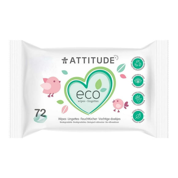 ATTITUDE eco, Baby Wipes, Biodegradable, Unscented, 72 Count