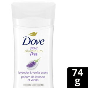 Dove Aluminum Free Déodorant for Women with 1/4 Moisturizers Lavender & Vanilla Scent for Soft, Comfortable Underarms, 74g