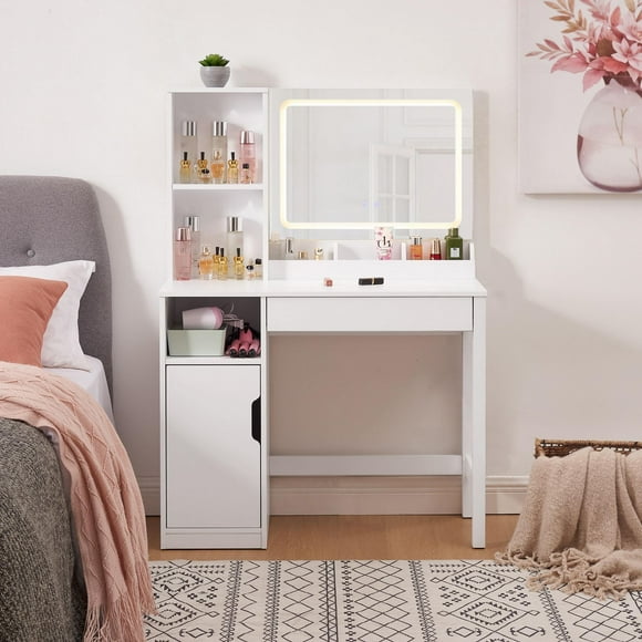 Mainstays Vanity with Lighted Mirror and Storage, White