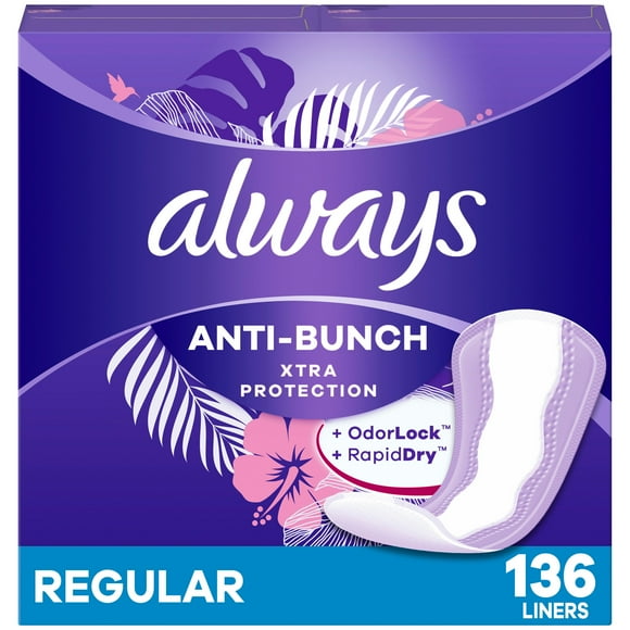Always Anti-Bunch Xtra Protection Daily Liners, Regular Length, Unscented, 136CT