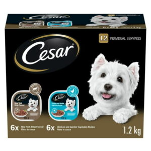 Cesar Adult Filets in Sauce Chicken & Garden Vegetables, New York Strip Flavour Variety Pack Soft Wet Dog Food, 12x100g