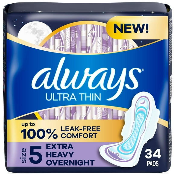 Always Ultra Thin Overnight Pads, Size 5, Extra Heavy Overnight, Unscented, 34CT