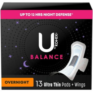 U by Kotex Balance Ultra Thin Overnight Pads with Wings, 13 Count, UBK PAD 13