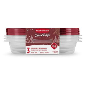Rubbermaid TakeAlongs Food Storage Containers, 4-Cup Rectangle, Holiday Rhubarb Red, 3-Pack