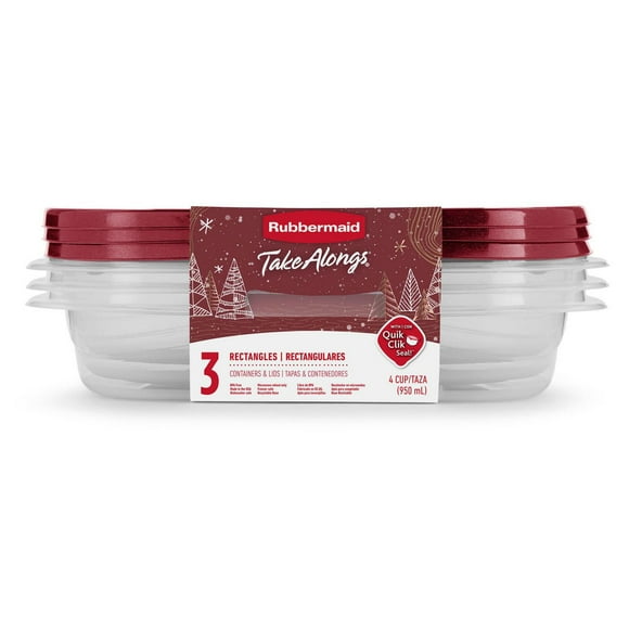 Rubbermaid TakeAlongs Food Storage Containers, 4-Cup Rectangle, Holiday Rhubarb Red, 3-Pack