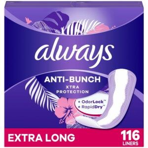 Always Anti-Bunch Xtra Protection Daily Liners, Extra Long Length, Unscented, 116CT