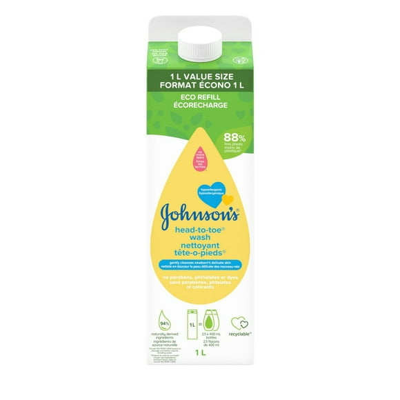 Johnsons Head to Toe Wash 1L Carton Refill, Gently Cleanses Baby's Delicate Skin, Hypoallergenic Cleanser, Paraben Free, 1 L