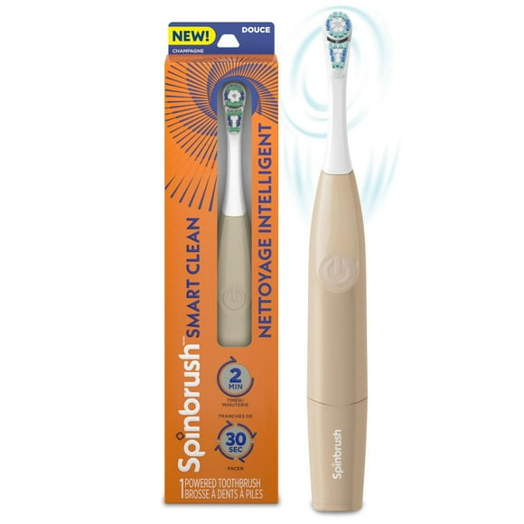 Spinbrush Smart Clean Battery Powered Electric Toothbrush for Adults with Dual Action Head, Pacer & Timer, Champagne, Soft Bristles, 1 Count, Spinbrush SMART CLEAN