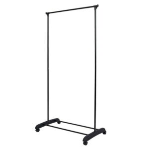 Mainstays Simple Single Rod Garment Rack, Black, Assembled size: 35in.Wx17.5in.Dx68in.H; Holds up to 20 lbs; Wheel casters for portability; Additional storage on bottom.