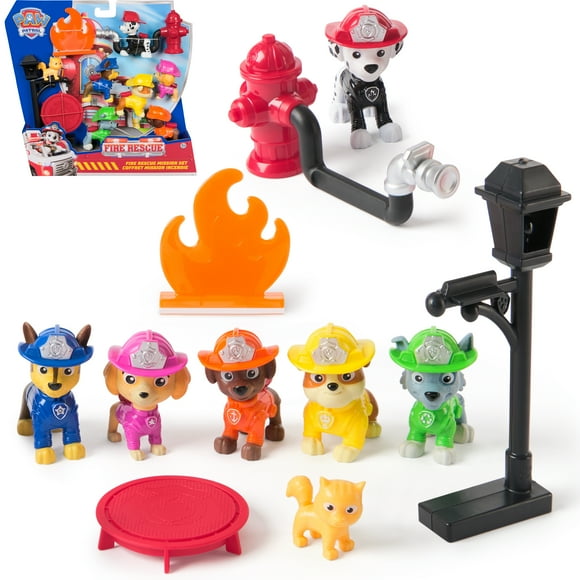 PAW Patrol Fire Rescue Mission Set - Chase, Marshall, Skye, Rubble, Rocky & Zuma Figures for Kids 3+, PAW Patrol Fire Rescue Mission Set, with Chase, Marshall, Skye, Rubble, Rocky & Zuma Action Figures & Kitten Pal, Kids Toys for Boys & Girls Ages 3 and Up