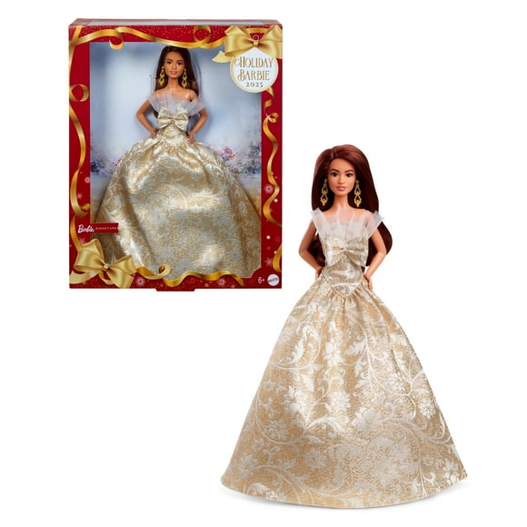 Barbie Signature 2025 Holiday Barbie Fashion Doll, Seasonal Collector, Dark Brown Hair with Silver & Gold Gown, 2025 Holiday Barbie Doll