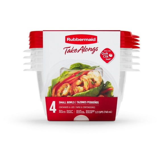 Rubbermaid TakeAlongs Small Bowls Food Storage Containers, 760 mL (3.2 Cup), Red Lids, Pack of 4