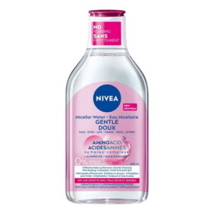 NIVEA Micellar Water Amino Acid Complex for Dry and Sensitive Skin | Cleanser and Makeup Remover | All-in-One Daily Cleanser | Micellar Water with Almond Oil | Soft and Smooth Skin | No Rinse, leaves, 400 mL