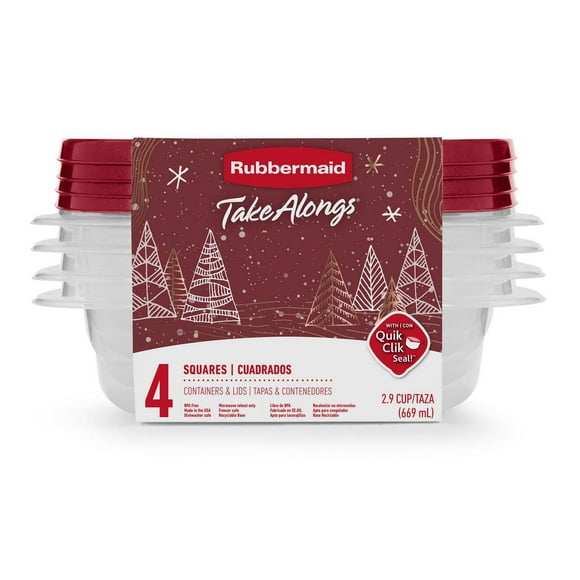 Rubbermaid TakeAlongs Food Storage Containers, 2.9-Cup Square, Holiday Rhubarb Red, 4-Pack