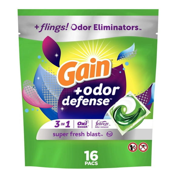 Gain Flings Laundry Detergent Pacs with Odour Defense, Super Fresh Blast Scent, HE 3in1 Detergent Pacs with Febreze and Oxi