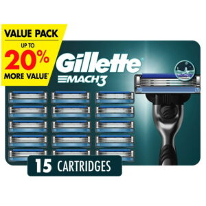 Gillette Mach3 Razor Blade Refills, 15ct Razor Cartridges, Razor Refills for Men With Lubrication Strip, 3-Blade Razor Blades for Close Shave, 15CT
