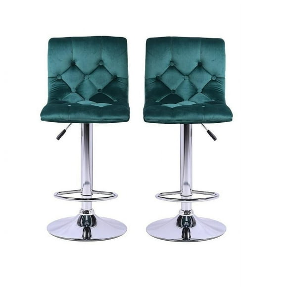 Heavenly Collection Green Velvet Adjustable Stool, Tufted Stool, Upholstered Stool, Swivel Stool, Velvet Stool with Stainless Stain Base, with Footrest - Set 2