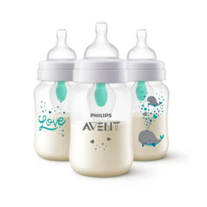 Philips Avent Anti-colic Baby Bottle with AirFree Vent with Whale Design, 9oz, 3 pack, SCY703/77, Avent Baby Bottle 9oz 3pk